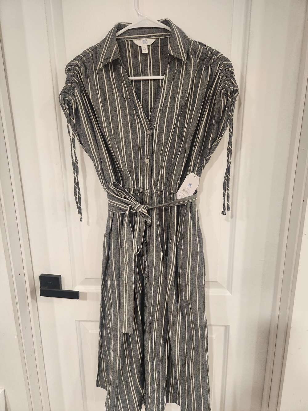 Time and Tru Gray and White Striped Button-Front Midi Dress with Tie Waist